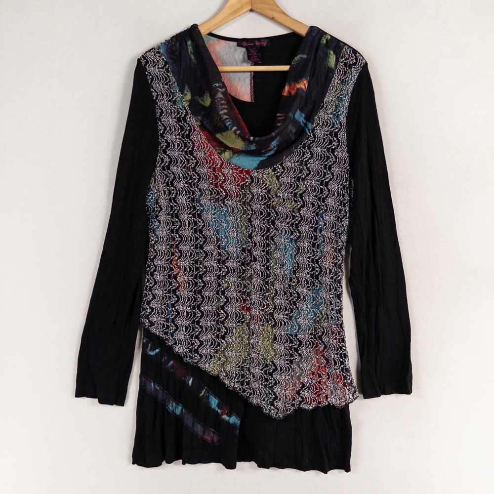 Elena Wang Tunic Top Womens Large Black Multi Mesh Overlay Cowl Stretch Artsy